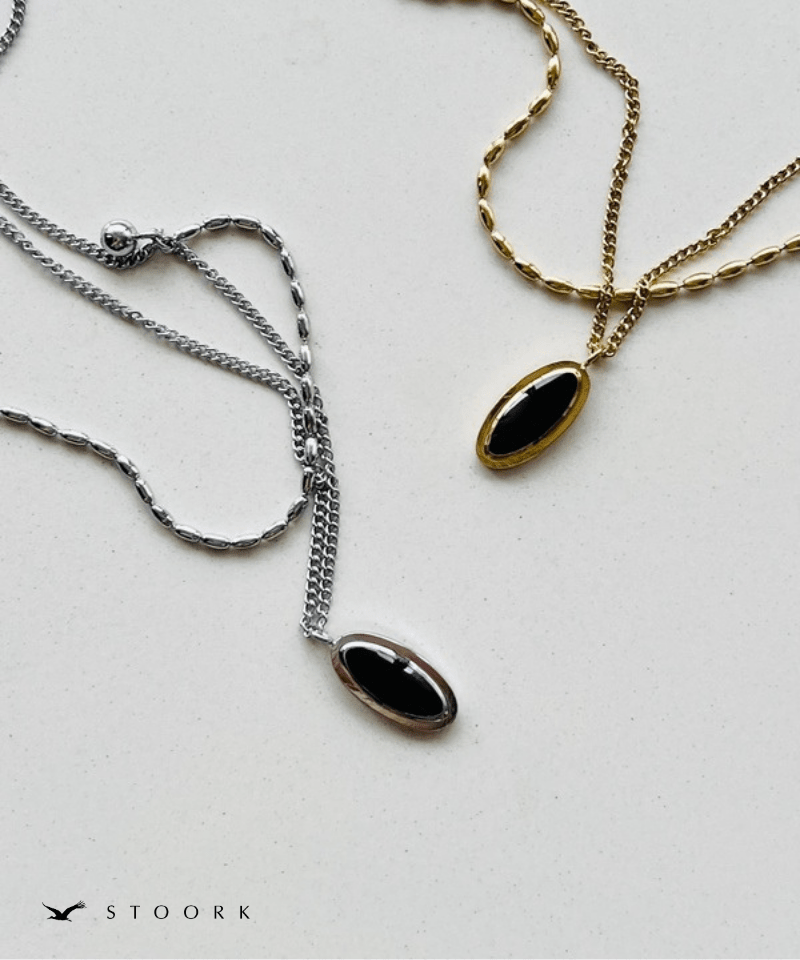 Black Stone Double Chain Necklace - stoork