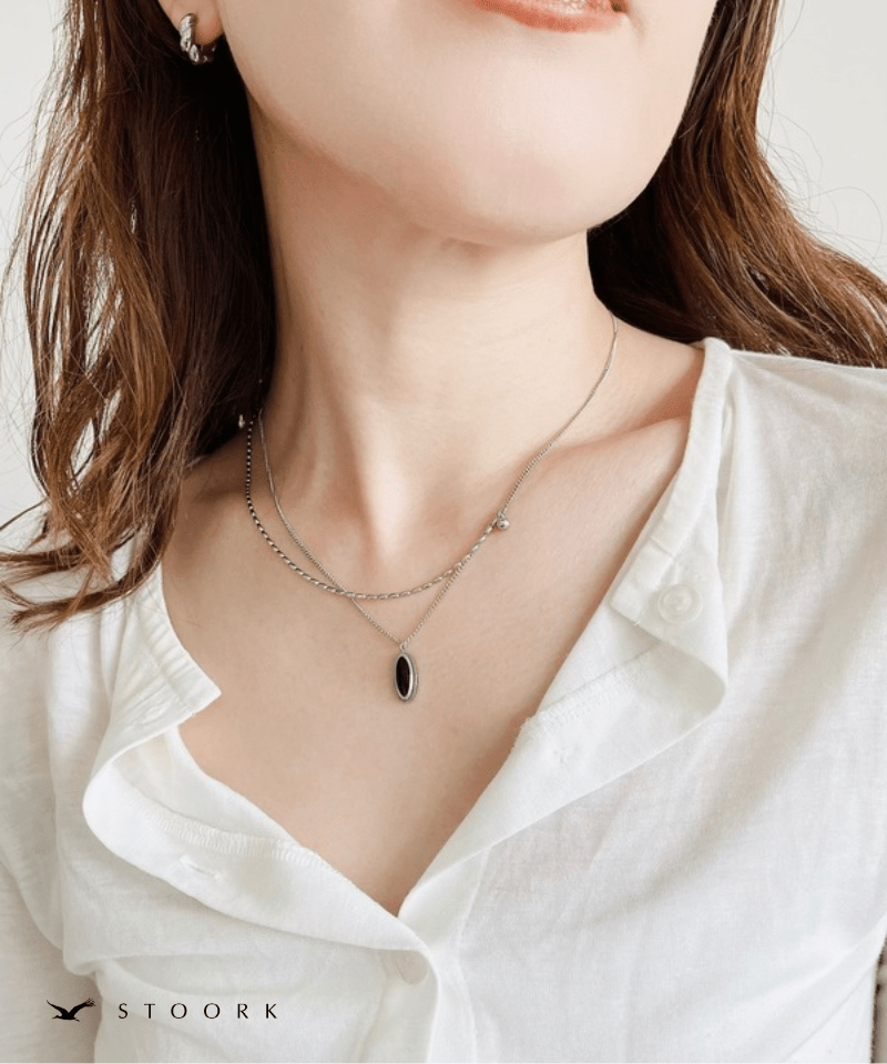 Black Stone Double Chain Necklace - stoork